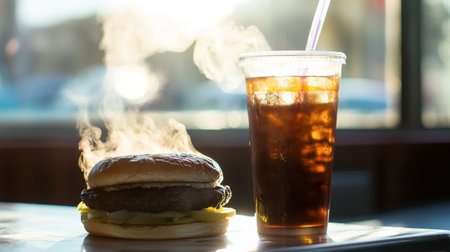 A mouth-watering burger emits steam next to a refreshing iced drink, beautifully captured in warm golden hour lighting, ideal for food photography and appetizing promotions.の素材