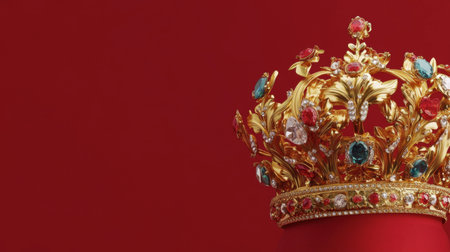 A stunning golden crown adorned with vibrant gems, set on a deep red background, perfect for showcasing themes of royalty, elegance, and artistic expression in various creative projects.の素材