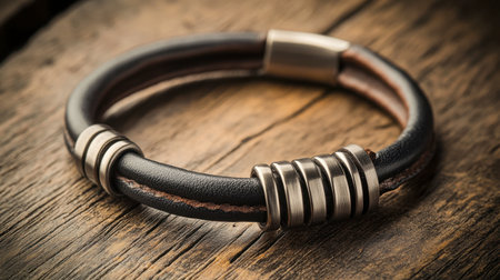 A captivating leather bracelet featuring metallic accents, beautifully placed on a wooden surface, showcasing elegance and trendy design for any occasion.の素材