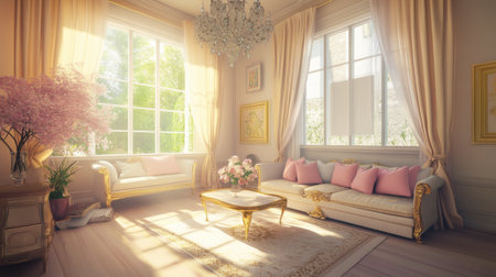 A bright and elegant living room featuring floral decorations, plush furniture, and abundant natural light, creating a cozy and inviting atmosphere.の素材