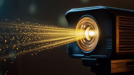 A modern projector emits a dazzling stream of golden light in a dark room, creating an inspiring atmosphere ideal for presentations or creative projects.の素材