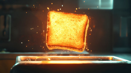A captivating image of glowing toast rising from a modern toaster, capturing the warmth and deliciousness of a kitchen breakfast scene, perfect for culinary themes.の素材