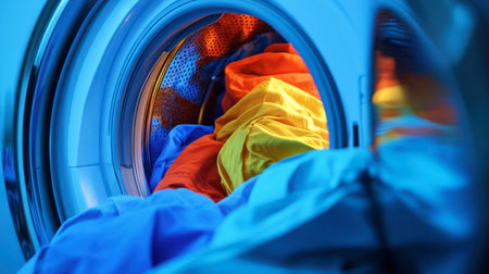 Close-up of colorful laundry inside a washing machine drum illuminated by blue light. The vibrant colors showcase a mix of fabrics and textures, highlighting the modern household routine of washing clothes.の素材
