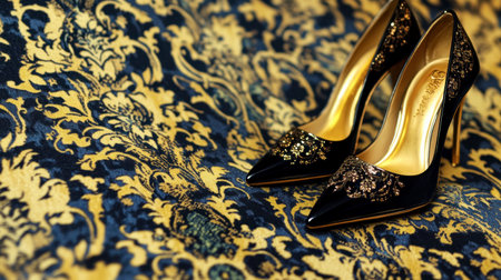 A pair of elegant black high heels adorned with intricate detailing, resting on rich vintage patterned fabric. Perfect for fashion and style enthusiasts.の素材