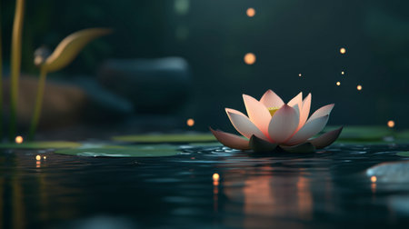 A beautiful water lily floats gracefully on a calm pond, illuminated by soft light. The delicate petals showcase elegance and serenity, creating a tranquil atmosphere.の素材