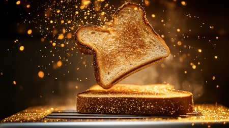 A captivating image of a toast slice floating in mid-air, surrounded by shimmering golden sparkles. Perfect for food-related themes and cozy settings.の素材