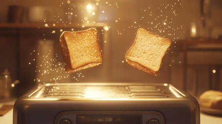 A mesmerizing scene featuring slices of bread toasting with sparkling effects above a modern appliance, set in a warm and inviting kitchen atmosphere.の素材