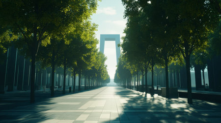A tranquil pathway flanked by lush green trees leads to a striking modern arch structure. Sunlight filters through, creating shadow patterns.の素材
