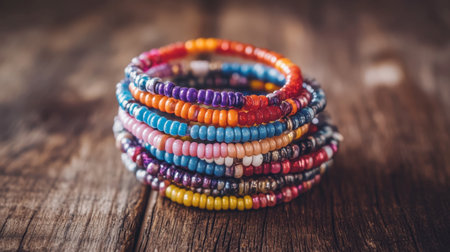 A vibrant arrangement of colorful beaded bracelets stacked beautifully on a rustic wooden surface, perfect for showcasing unique jewelry aesthetics and styles.の素材