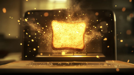A slice of bread bursts with energy as it toasts in a modern kitchen toaster, creating a vivid display of glowing sparks and warm colors, ideal for breakfast lovers.の素材