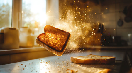 A captivating image of a slice of toast floating above a countertop, illuminated by soft light. Crumbs scatter in the air, capturing the magic of breakfast preparation.の素材