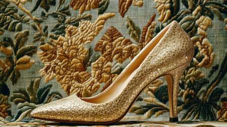 A stunning golden stiletto shoe positioned elegantly against a floral textile background, highlighting the luxurious design and sophisticated appeal of fashionable footwear.の素材