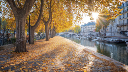 A picturesque autumn scene featuring golden leaves scattered on a pathway beside a tranquil river. Sunlight reflects off the water, creating a warm ambiance.の素材