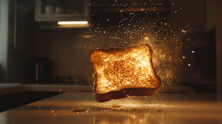 A beautifully captured slice of toast with a radiant golden glow in a modern kitchen. Perfect for illustrating breakfast, comfort food, or culinary themes.の素材