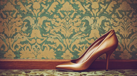 A striking image of an elegant high heel shoe positioned against intricate vintage wallpaper, showcasing sophistication and timeless style in interior design.の素材