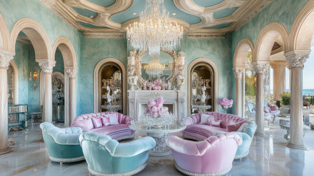 This stunning living room features elegant pastel furniture and an ornate chandelier, creating a luxurious atmosphere enhanced by natural light and beautiful decor.の素材