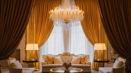 Discover an elegant living room featuring a stunning crystal chandelier, plush white furniture, and rich gold drapes, perfect for luxury home inspiration.の素材