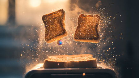 Two slices of golden toast rise from a toaster, surrounded by floating dust particles. Captured in a warm, inviting kitchen scene, this image represents breakfast delight.の素材
