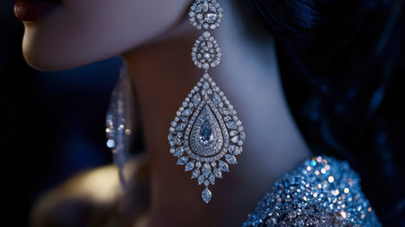 A breathtaking close-up showcasing elegant diamond earrings on a glamorous model, capturing their intricate design and radiant sparkle, perfect for luxury fashion themes.の素材