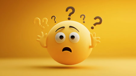 A vibrant yellow emoji featuring a puzzled expression and floating question marks, symbolizing curiosity and confusion in a playful and cheerful manner.の素材