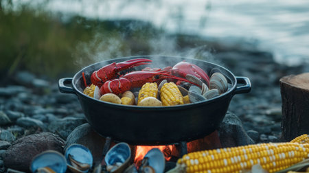 Savor the vibrant colors and aromas of an outdoor seafood boil featuring crawfish, corn, and clams. Perfect for summer gatherings by the water.の素材