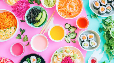 Explore a vibrant array of fresh Asian dishes beautifully arranged on a colorful background, showcasing sushi, salads, and assorted ingredients in a delightful culinary spread.の素材