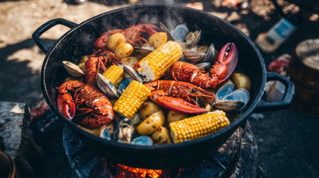 A vibrant seafood boil featuring clams, lobster, and corn, cooked outdoors. This colorful dish captures the essence of summer gatherings and culinary traditions.の素材