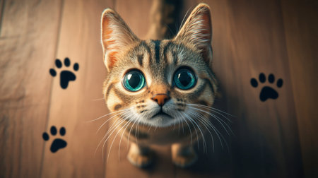 A cute kitten with large, expressive eyes gazes up towards the viewer on a wooden floor. Its fluffy fur and curious demeanor add charm and warmth, making it an ideal stock image for pet lovers.の素材