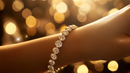 A close-up image of an elegant diamond bracelet adorning a woman's wrist, against a backdrop of sparkling bokeh lights, epitomizing luxury and beauty.の素材