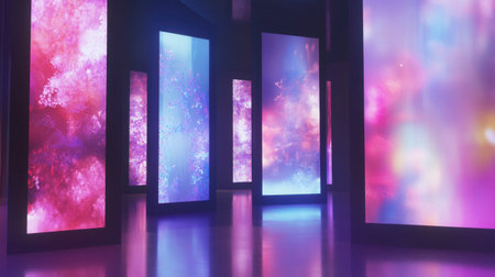 A vibrant and colorful display of abstract light installations in a modern exhibition space. This digital art scene evokes creativity and imagination.の素材