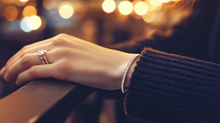 A stylish hand adorned with a silver bracelet and rings rests on a railing, surrounded by a warm bokeh background, showcasing elegance and sophisticated fashion.の素材