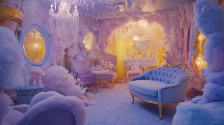 A whimsical interior showcasing soft textures and pastel colors, creating a dreamy ambiance. Elegant furniture and magical lighting enhance the enchanting atmosphere.の素材