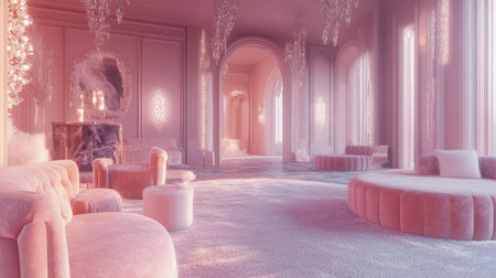 A stunning interior featuring plush furniture in soft pastel colors, illuminated by elegant chandeliers. This tranquil space offers a perfect blend of luxury and comfort.の素材
