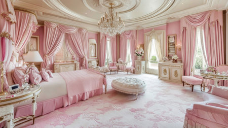Explore a stunning luxurious pink bedroom suite adorned with elegant decor. Experience opulence with satin drapes, a chandelier, and plush furnishings, offering a cozy and inviting atmosphere.の素材