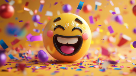 This image features a joyful smiling emoji surrounded by colorful confetti, creating an atmosphere of celebration and fun. Ideal for projects needing a cheerful vibe.の素材