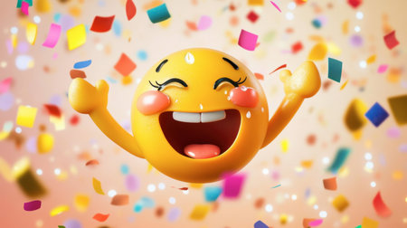 A vibrant and cheerful emoji character celebrating joyfully amid a flurry of colorful confetti, capturing the essence of happiness and excitement in a festive atmosphere.の素材