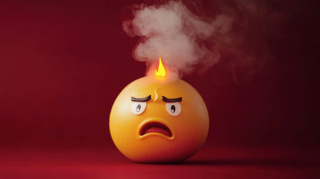 This image features a vibrant cartoon emoticon displaying an angry expression, complemented by smoke and a flame on top, set against a bold red background.の素材