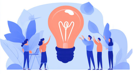 Vibrant illustration of a team collaborating around a large lightbulb, symbolizing innovation and idea generation. Perfect for showcasing creativity in business.の素材