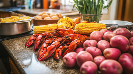 A vibrant display of fresh seafood and vegetables on a kitchen countertop, perfect for meal preparation or cooking inspiration. Features lobster, potatoes, corn, and eggs.の素材