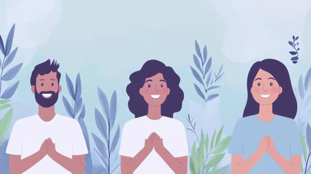 A vibrant illustration depicting a diverse group of smiling individuals surrounded by lush greenery, expressing joy and connection in a serene nature setting.の素材