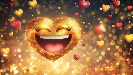 A vibrant and colorful depiction of a glittering heart with a smiling face, surrounded by floating hearts against a dreamy bokeh background, representing joy and love.の素材