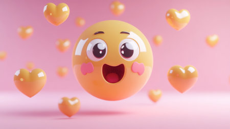 This adorable emoji features a bright yellow face with big eyes and a joyful smile, surrounded by floating hearts against a soft pink background. Perfect for conveying love and happiness!の素材