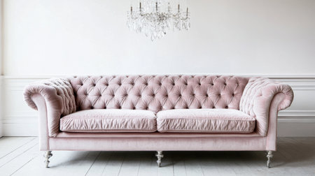 A stunning pink tufted sofa placed in a minimalistic room with natural light. This elegant piece showcases refined upholstery and sophistication, perfect for decor.の素材