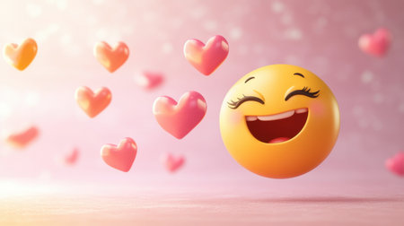 Bright and cheerful smiling emoji with hearts on a soft gradient background. Perfect for expressing joy, love, and positivity in digital art or graphic design.の素材