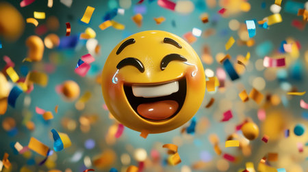 A vibrant and cheerful emoji with a big smile, surrounded by an array of colorful confetti, capturing a joyful celebration and fun-filled atmosphere.の素材