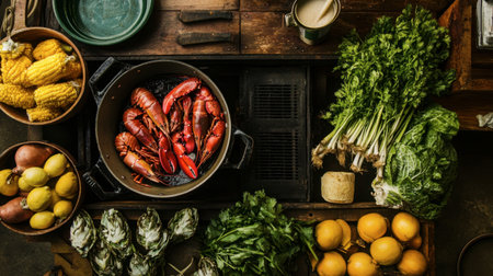 A vibrant display of fresh seafood and vegetables arranged on a rustic wooden table, showcasing the beauty of natural ingredients ready for culinary preparation.の素材