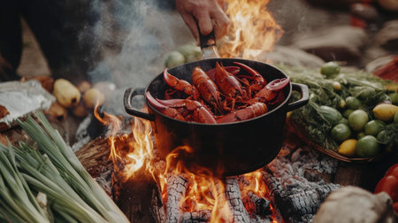 A breathtaking scene of cooking lobster in a pot over an open fire, surrounded by fresh vegetables. This vibrant outdoor setup captures the essence of culinary enjoyment and social gathering.の素材