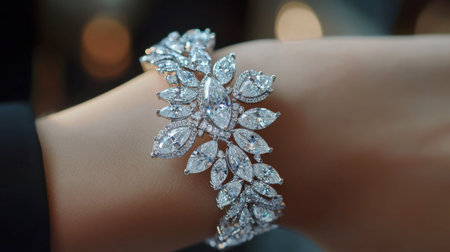 A stunning diamond bracelet showcases a beautiful design on a delicate wrist. Perfect for formal occasions, this exquisite piece adds elegance and charm.の素材