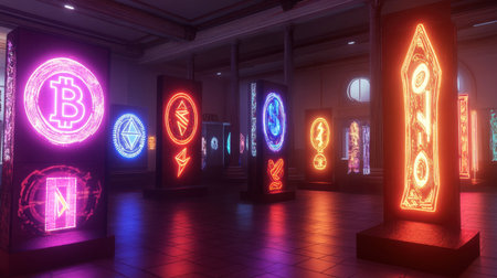 A stunning collection of neon cryptocurrency symbols displayed in a modern art gallery. This vibrant setup highlights the intersection of technology and digital finance.の素材