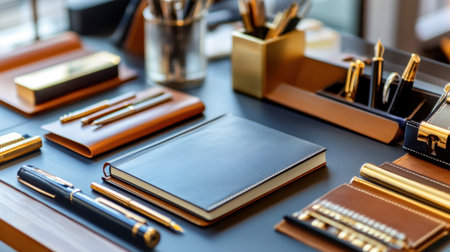 A sophisticated desk setup featuring premium stationery, including a leather notebook, golden pens, and elegant desk accessories. Perfect for inspiring creativity and productivity.の素材